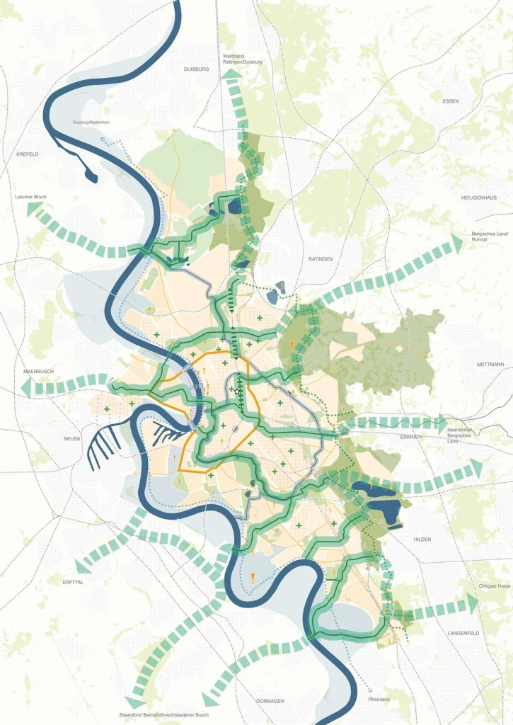 نقشه برنامه&zwnj;ریزی شهری و منطقه&zwnj;ای (احتمالاً دوسلدورف و راین) که شبکه&zwnj;ای جامع از زیرساخت&zwnj;های سبز، کریدورهای طبیعی (با خطوط و پیکان&zwnj;های سبز) و مناطق شهری (به رنگ نارنجی) را نشان می&zwnj;دهد. رودخانه راین به صورت خط آبی ضخیم در مرکز قرار دارد و ارتباطات محیطی بین شهرهای اطراف مانند دویسبورگ، نويسه، راتینگن و هیلدن برجسته شده است.