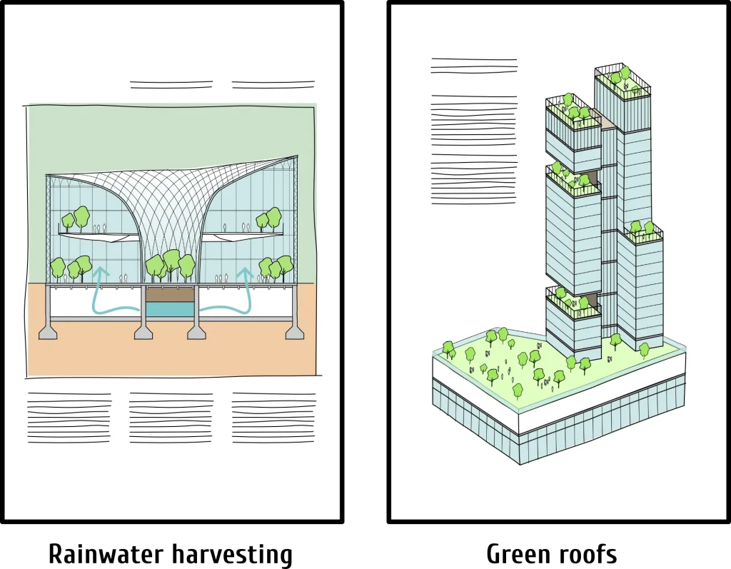 دیاگرام&zwnj;های معماری ساختمان&zwnj;های سبز شامل فضای داخلی با درختان و آب&zwnj;نما، و ساختمان&zwnj;های بلند با باغ&zwnj;های عمودی و بام سبز است.