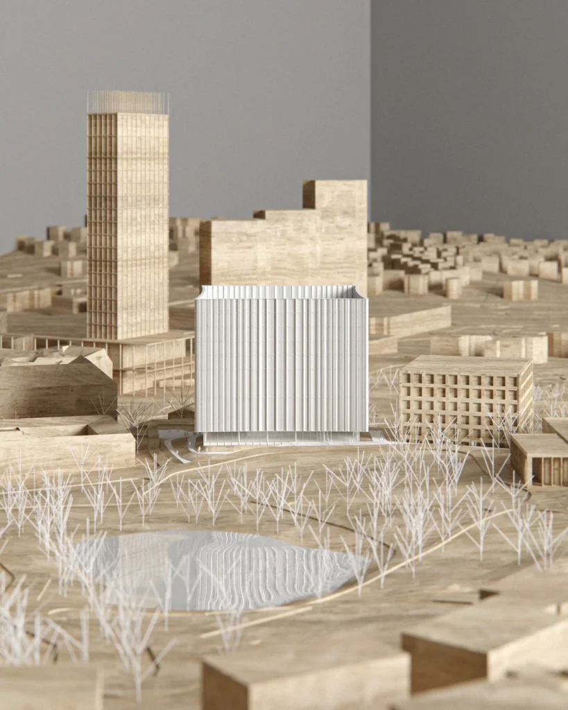 10 راهکار طلایی برای ساخت مدلهای مفهومی معماری 4 ماکت معماری شهری شامل یک ساختمان مدرن سفید و ساختمانهای چوبی.