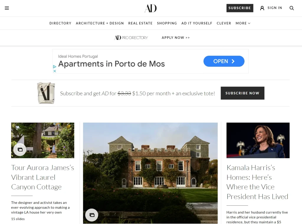 ۲۰ وبسایت برتر معماری برای الهامگیری 2 صفحه اصلی وبسایت AD با محتوای خانههای لوکس، معماری و طراحی داخلی.