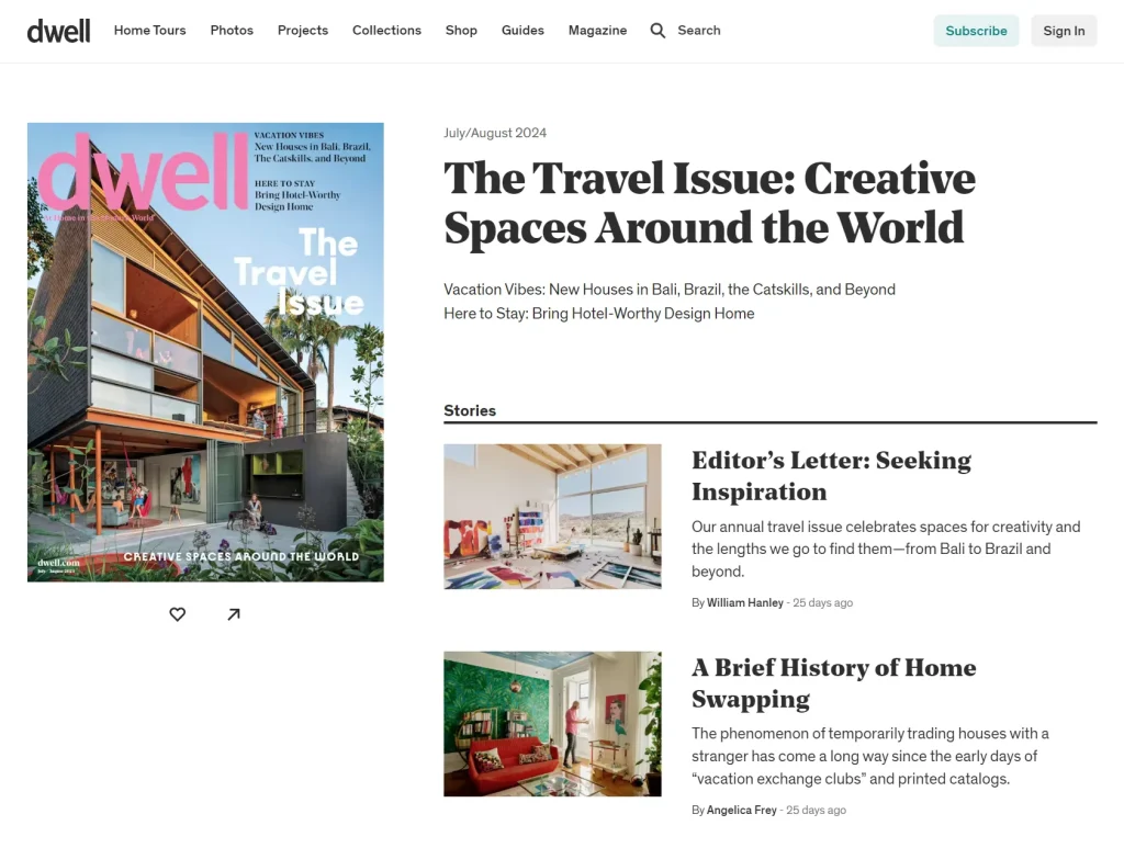۲۰ وبسایت برتر معماری برای الهامگیری 3 جلد مجله Dwell، شماره سفر با موضوع فضاهای خلاقانه و معماری مدرن.