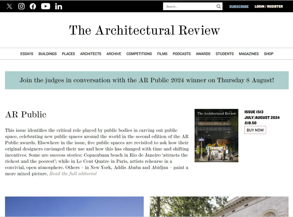 ۲۰ وبسایت برتر معماری برای الهامگیری 16 **صفحه اصلی وبسایت The Architectural Review، با نمایش اطلاعیه AR Public 2024 و شماره کنونی مجله.**