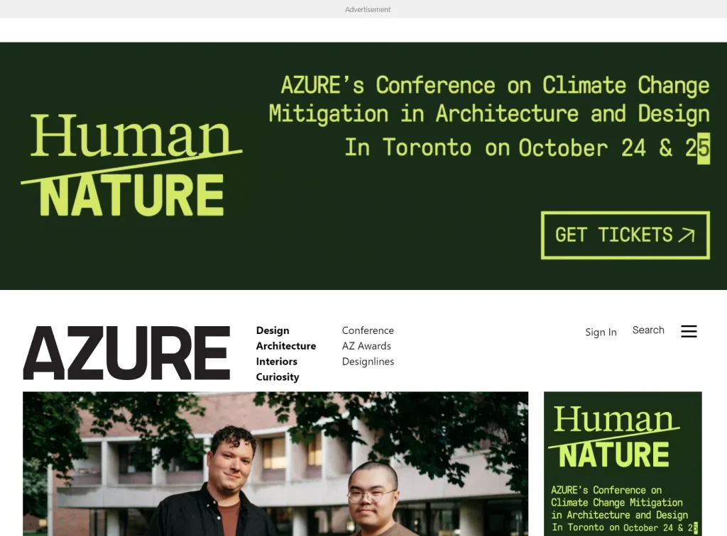 ۲۰ وبسایت برتر معماری برای الهامگیری 8 تبلیغ کنفرانس AZURE با موضوع "Human NATURE" در مورد کاهش تغییر اقلیم در معماری و طراحی، در تورنتو، ۲۴ و ۲۵ اکتبر.