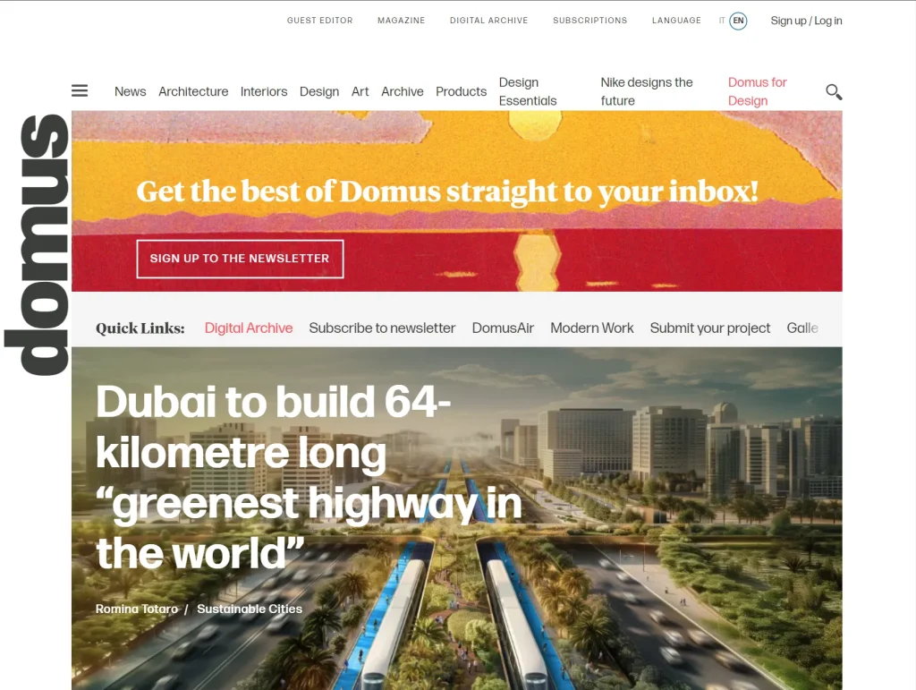 ۲۰ وبسایت برتر معماری برای الهامگیری 11 تصویری از بزرگراه سبز ۶۴ کیلومتری دبی، که به عنوان سبزترین بزرگراه جهان در یک چشمانداز شهری مدرن با قطار و فضای سبز معرفی شده است.