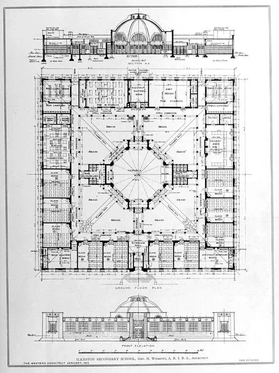 ۶ اصل کلیدی در طراحی معماری که هر معماری باید بداند 2 نقشه معماری دبیرستان ایلکستون، شامل پلان طبقه همکف، نمای جلو و برش. طراحی Geo. H. Widdows در سال 1913.
