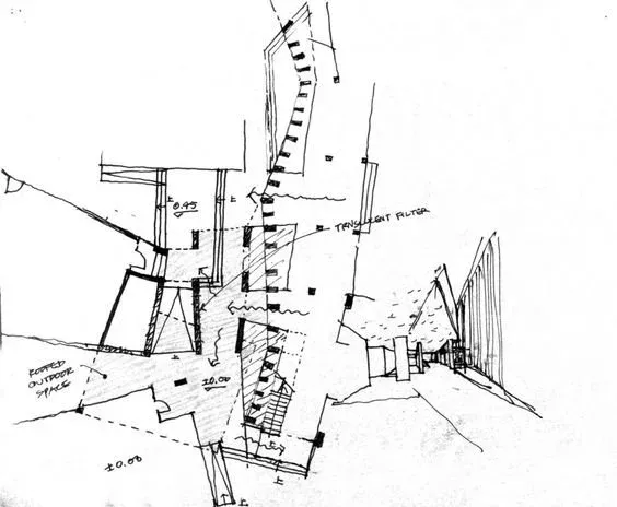 ۶ اصل کلیدی در طراحی معماری که هر معماری باید بداند 8 اسکیس پلان معماری دستساز، نشاندهنده طرح مفهومی فضاها، ترازهای ارتفاعی و عناصر طراحی مانند فیلتر نیمهشفاف و فضای باز مسقف.