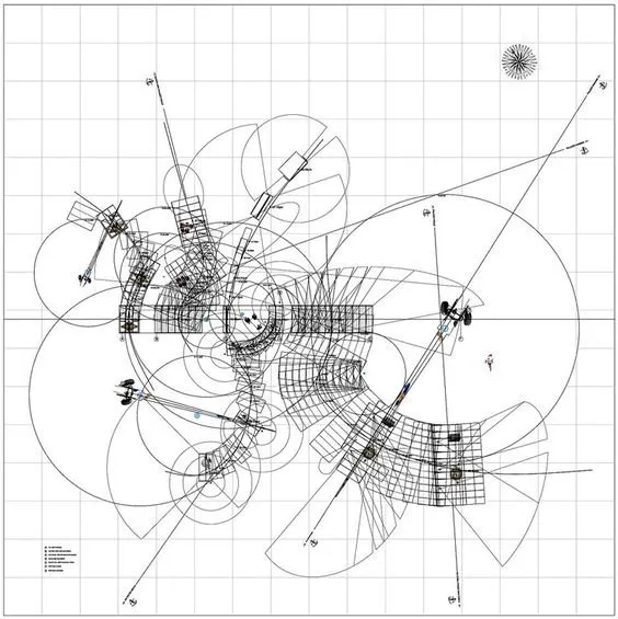 ۶ اصل کلیدی در طراحی معماری که هر معماری باید بداند 9 طرح جامع شهرسازی یا نقشه معماری پیچیده با خطوط، منحنیها و اشکال هندسی فراوان روی شبکه. شامل دایرهها و خطوط شعاعی که یک طراحی مفهومی را نشان میدهد.