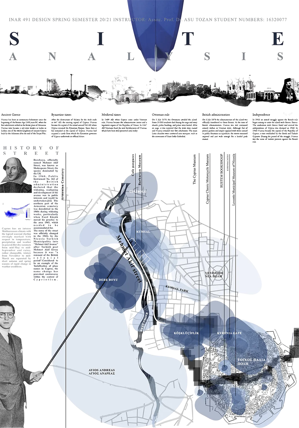 پوستر دانشگاهی با موضوع توسعه شهری و تاریخی یک شهر قبرسی، شامل گاه‌شماری از دوران باستان تا استقلال، تصاویر معماری و نقشه تفصیلی شهر با نمایش خیابان مهمت عاکف و دروازه گیرنه.
