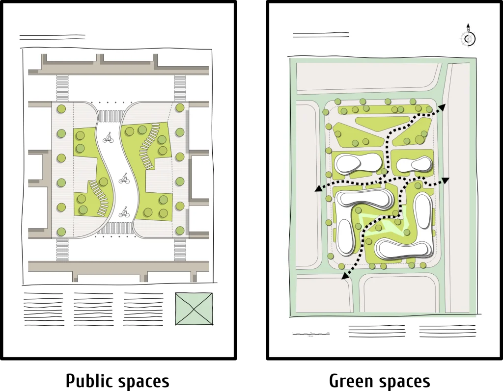 درک برنامه ریزی فضایی در معماری 2 دو طرح طراحی منظر شهری که فضاهای عمومی را با فضای سبز، مسیرهای عبور و مرور و بافت شهری اطراف نشان میدهند.
