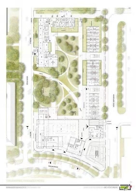 درک برنامه ریزی فضایی در معماری 5 نقشه جامع معماری یک مجموعه شهری با ساختمانها، فضاهای سبز و خیابانها.