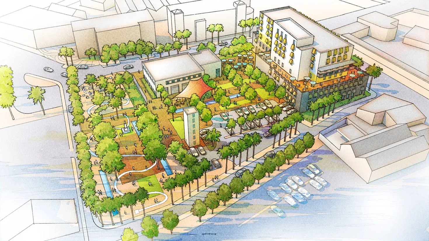 **رندر طرح توسعه شهری چندمنظوره با ساختمانها، فضاهای سبز و میدان مرکزی.** (An architectural rendering of a mixed-use urban development with buildings, green spaces, and a central plaza.)